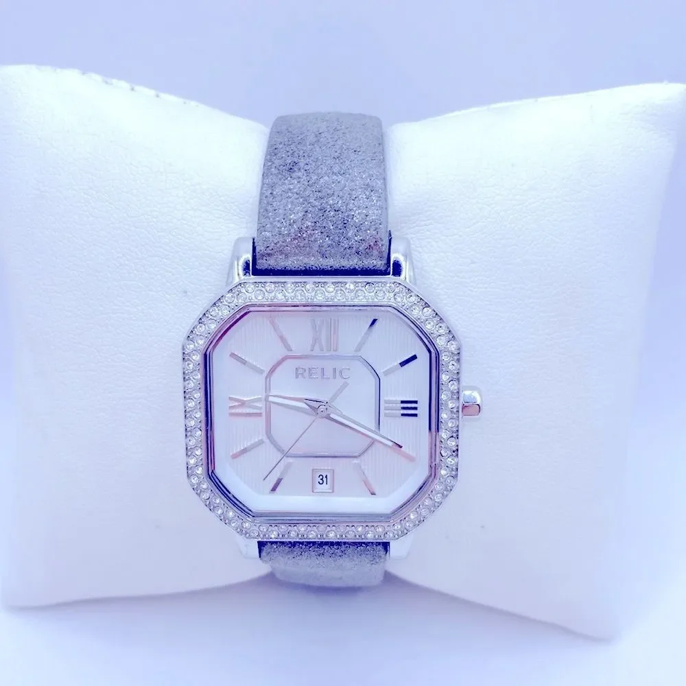 Working! Relic by Fossil Gray Metallic Leather Band Rhinestone Bezel Watch